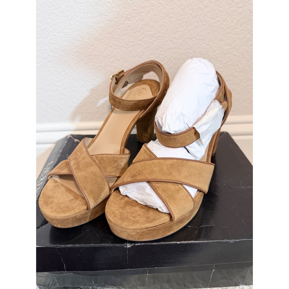 Lauren Ralph Lauren Sasha Tan Suede Platform Block Heel Sandals 9 40323-F23 - Picture 2 of 14
